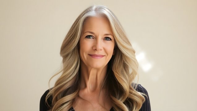 Elegant middle aged senior woman with long blonde curl hair smiling on neutral background, copy space