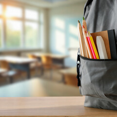 School backpack with supplies on classroom desk – back to school and education concept with...