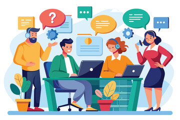 Illustration of a diverse group working together with laptops and headsets in a modern office setting. Features vibrant colors and communication elements like speech bubbles and gears.