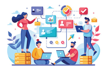Fototapeta premium Illustration of a diverse team working together using laptops in a digital environment. Conceptualizes collaboration, technology, and data analysis in a creative workplace setting.