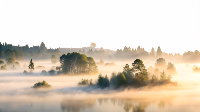 Misty Landscape with Trees and Lake on Transparent Background - Powered by Adobe