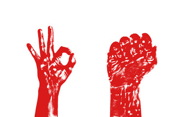 Red Painted OK Sign and Raised Fist Hand Gestures  – Protest and Power Symbol PNG