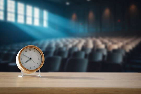 Alarm clock on school desk or university bench with copy space with blurred classroom or lecture hall interior background – time management, learning motivation and academic schedule concept.