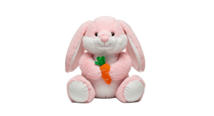 Pink Plush Bunny with Carrot on Transparent Background