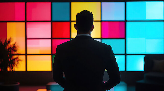 Man in suit stands before a vibrant wall of colorful squares, contemplating future possibilities and technological advancements in a modern setting