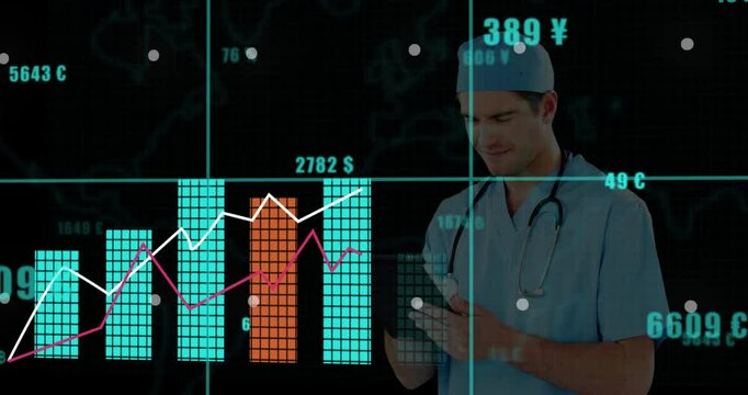 Medical professional tapping tablet monitoring rising currency charts for financial insight on grid