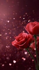 Red Roses Against a Shimmering Background of Soft Lights and Hearts