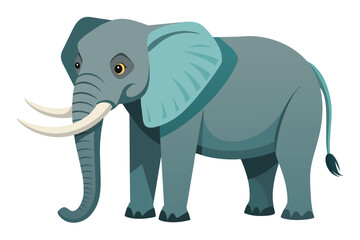 Fototapeta premium A vibrant cartoon illustration of an elephant with prominent tusks and big ears, standing gracefully against a white background. Ideal for educational materials and wildlife themed