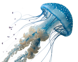 A beautiful blue jellyfish with white spots and long tentacles floats gracefully in the ocean water isolated on transparent background