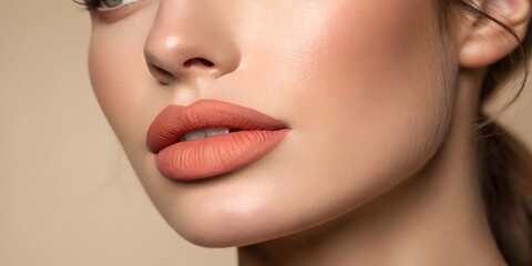 Obraz premium Closeup of a beautiful caucasian womans face with flawless skin, wearing a matte lipstick and subtle makeup against a neutral background