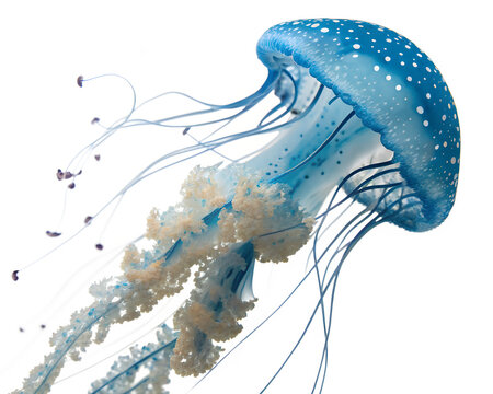 A beautiful blue jellyfish with white spots and long tentacles floats gracefully in the ocean water isolated on transparent background