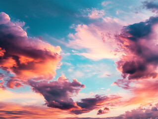 Obraz premium A dreamy pastel-colored sky at sunset with clouds painted in hues of pink, orange, blue, and purple. The soft transitions of color evoke a peaceful and magical atmosphere.