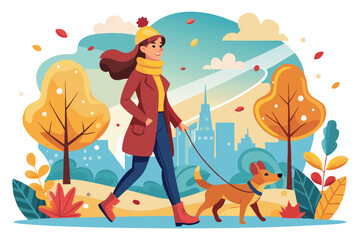 Fototapeta premium Illustration of a woman enjoying an autumn walk with her dog in a park. The background features a cityscape and vibrant fall colors, capturing a moment of relaxation and leisure in nature.