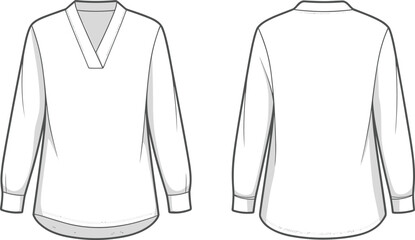 ong Sleeve V-Neck Blouse Fashion Sketch, Front and Back View Apparel Illustration, Stylish Women's Garment Template for Clothing Branding"
