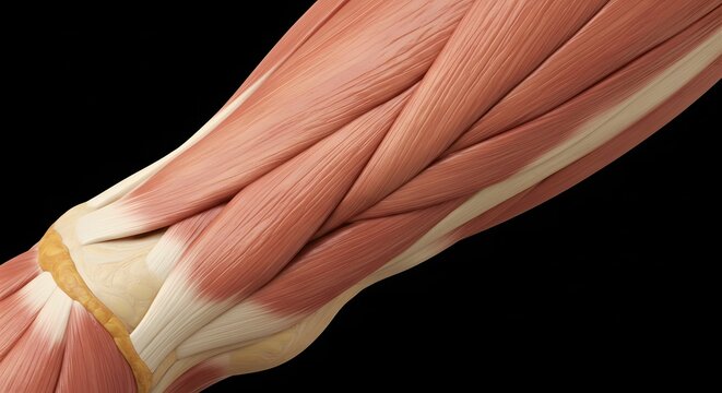 Detailed anatomical view of human forearm flexor muscles and tendons isolated on black background