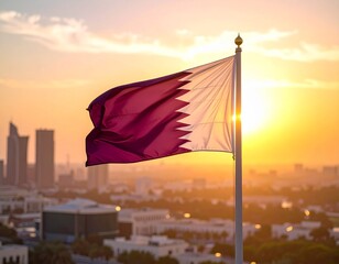 Qatar flag waving proudly over cityscape at sunset.