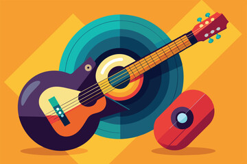Vibrant, abstract illustration of a guitar surrounded by geometric shapes, featuring bold colors and dynamic patterns. Perfect for music themed designs and artistic projects needing a modern touch.
