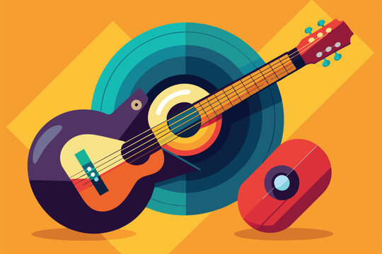 Vibrant, abstract illustration of a guitar surrounded by geometric shapes, featuring bold colors and dynamic patterns. Perfect for music themed designs and artistic projects needing a modern touch.