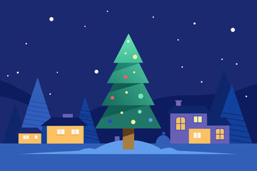 Naklejka premium A vibrant illustration of a festive Christmas night landscape, with snow-covered trees and houses under a star-filled sky, celebrating the winter holiday season