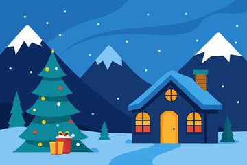 Christmas winter landscape with houses, snow, and trees, a festive holiday scene