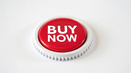 Flat design style graphic of a red "BUY NOW" button in circular form, white sans-serif lettering, surrounded by a white, serrated edge, centered on white space.


