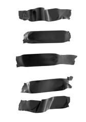 Five pieces of black tape arranged vertically on a transparent background. The tape has a glossy...
