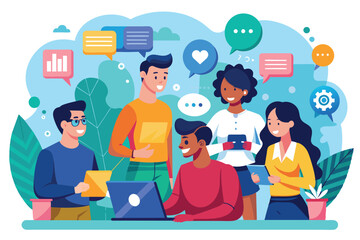 Illustration of a diverse team collaborating and brainstorming ideas in a modern office setting. Members engage in productive discussion with tablets and laptops, expressing creativity and teamwork.