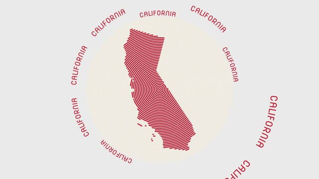 California shape with dynamic circles visual effect. Animation of California logo appearing from rotating rings and State name around the shape. Intro, opening, closing, logo video.