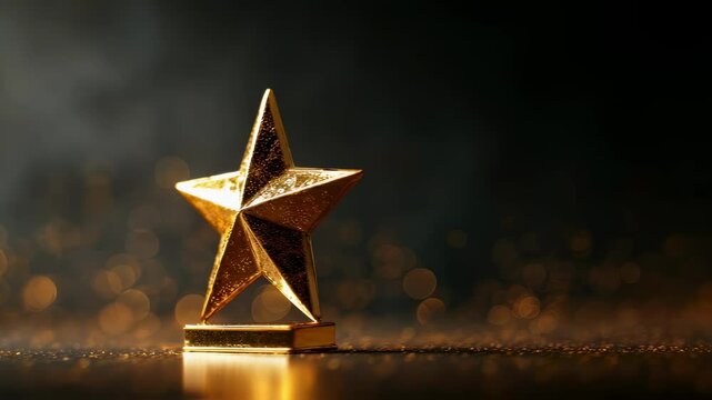 Elegant golden star award resting on a mysterious dark background enhanced with enchanting bokeh effects symbolizing outstanding achievement and inspiration.