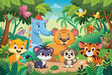 Fototapeta premium A lively illustration featuring adorable cartoon animals in a vibrant jungle setting. Perfect for childrens stories, educational content, and playful designs, conveying joy and imagination.