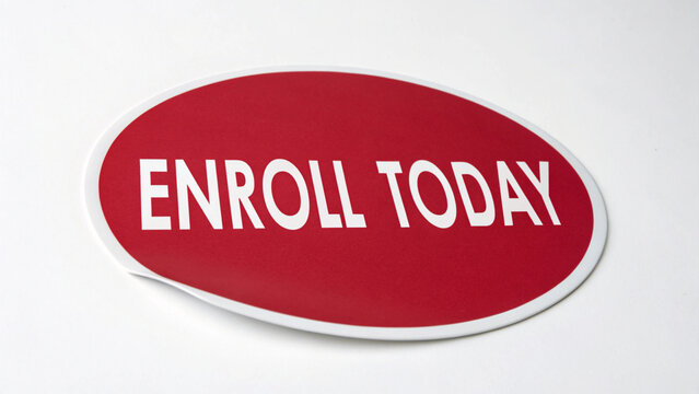 Red circular campaign sticker saying "ENROLL TODAY" in white modern font, with a jagged white border, rendered in a simple flat vector style on a white background.

