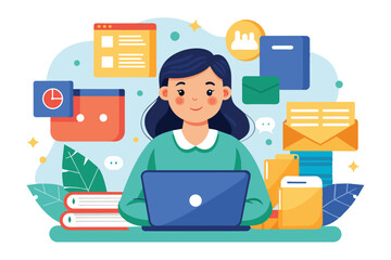 Colorful illustration of a young woman multitasking on a laptop surrounded by office supplies and digital icons, symbolizing productivity and organization in a modern work environment.