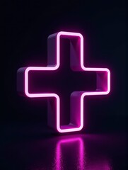 Obraz premium A neon pink cross glows brightly on a dark, reflective floor, creating a vibrant light effect.
