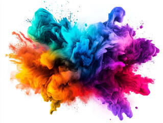 A vibrant and energetic abstract painting with explosive splashes of orange, yellow, purple, pink, and blue tones on a white background.