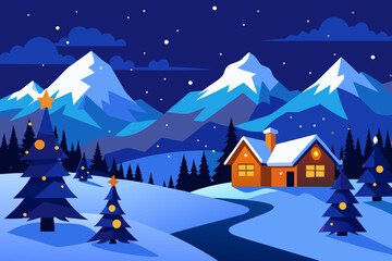 Fototapeta premium Cozy winter night landscape with houses and snow-covered trees, perfect for a Christmas holiday celebration scene