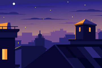 Moonlit urban skyline: city buildings silhouetted against a night sky with stars and clouds