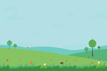 Spring and summer landscape illustration with trees, flowers, green grass, and a sunny sky over rolling hills and meadows
