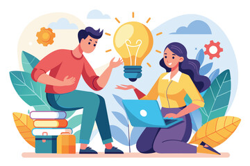 Illustrative scene of a creative team brainstorming innovative ideas. A man and woman collaborate using technology, with books and a lightbulb symbolizing inspiration and brainstorming concepts.
