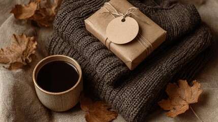 Fototapeta premium Cozy autumn flat lay featuring wrapped knitwear, ceramic cup, and scattered dry leaves for warm seasonal vibes