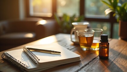 Notebook and Tea on Wooden Table with Essential Oil in Sunlight