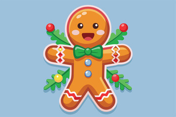 Naklejka premium A cheerful gingerbread man illustration adorned with festive Christmas decorations, including holly and candy. Perfect for holiday themes and seasonal celebrations.