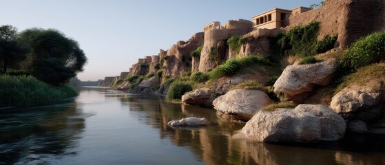 Fototapeta premium Ancient nineveh city walls along the tigris river with assyrian palace