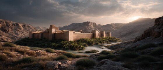Ancient nineveh city walls and assyrian palace by the tigris river at sunset
