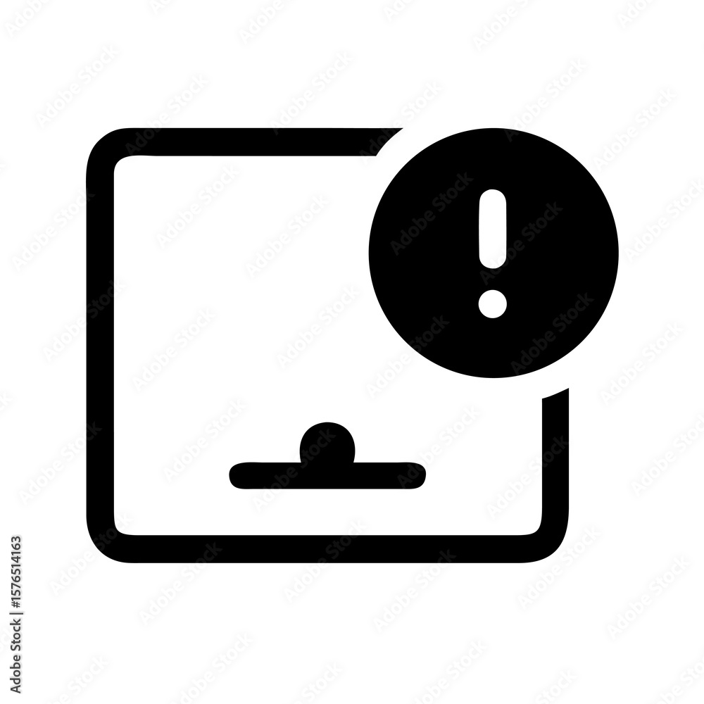 Poster alert notification icon with exclamation mark on monitor display for system warnings and critical er