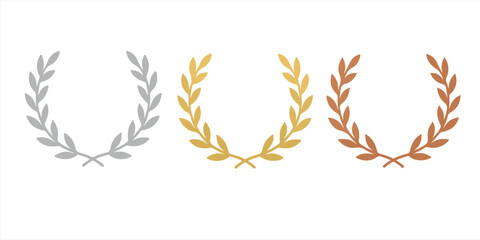 Silver Gold Bronze Laurel Wreaths – Award Achievement Icons for Ranking, Success, Victory, Winner Badges, and Competition Certificates