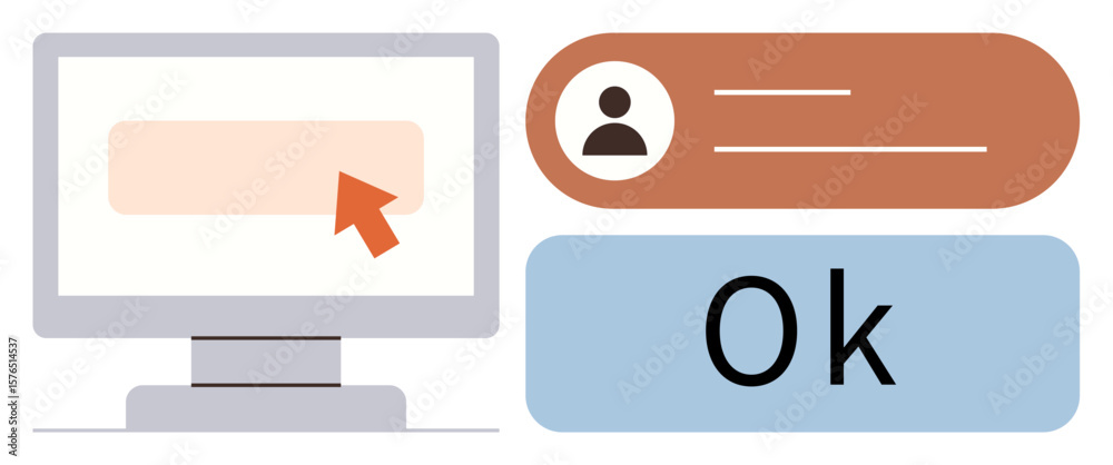 Poster desktop monitor with pointer clicking form, profile section with avatar and text, visible large conf