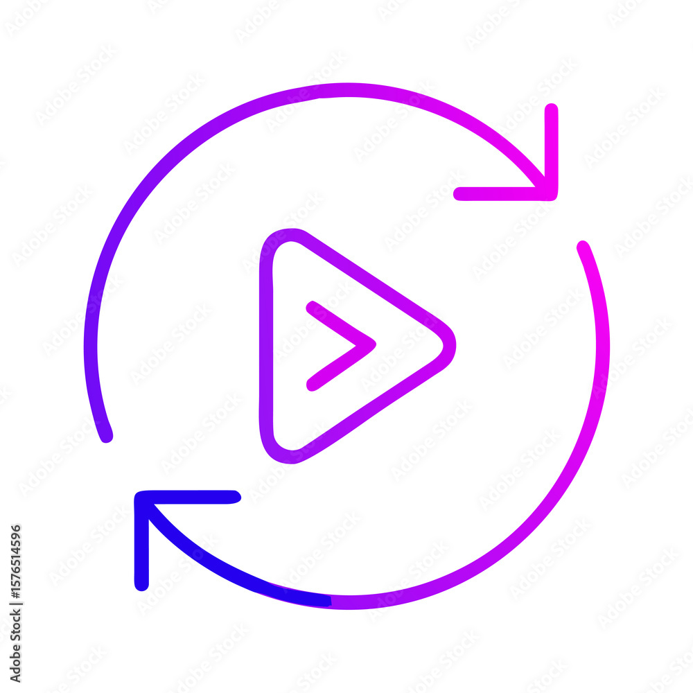 Poster dynamic gradient repeat icon with play symbol encapsulated in a circular arrow design for continuous