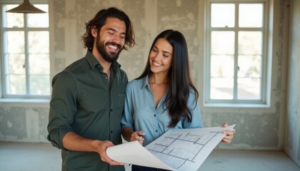 Happy couple reviewing architectural plans in a bright, airy room