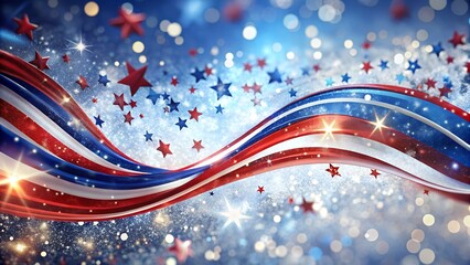 Photo of a flowing ribbon in red, white, and blue, adorned with sparkling stars and bokeh, creates a patriotic and festive background for american celebrations