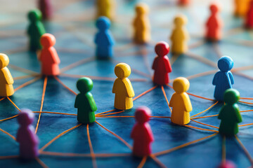 Colorful wooden figures connected by lines represent networking and social media, illustrating teamwork and interconnectedness with a focus on communication and collaboration